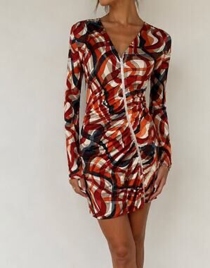 Chula Abstract Wave Print Long-Sleeve Dress - Size 8